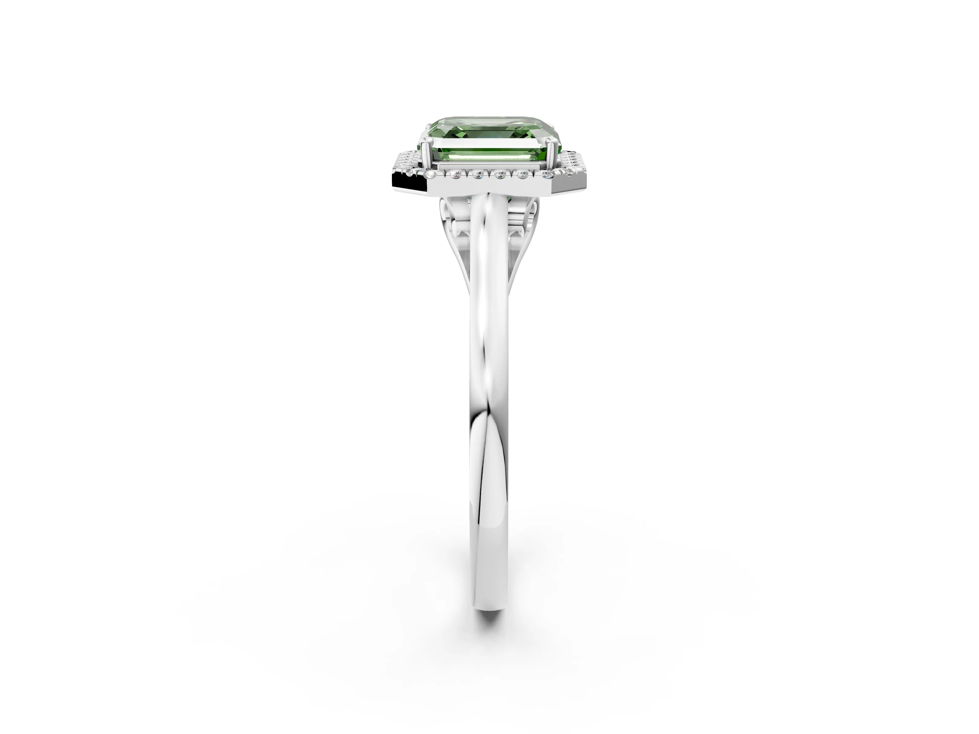 White gold Fancy Green Asscher Cut Halo Round Diamond Solitaire Ring with Pavé Band and Four-Prong Setting_2