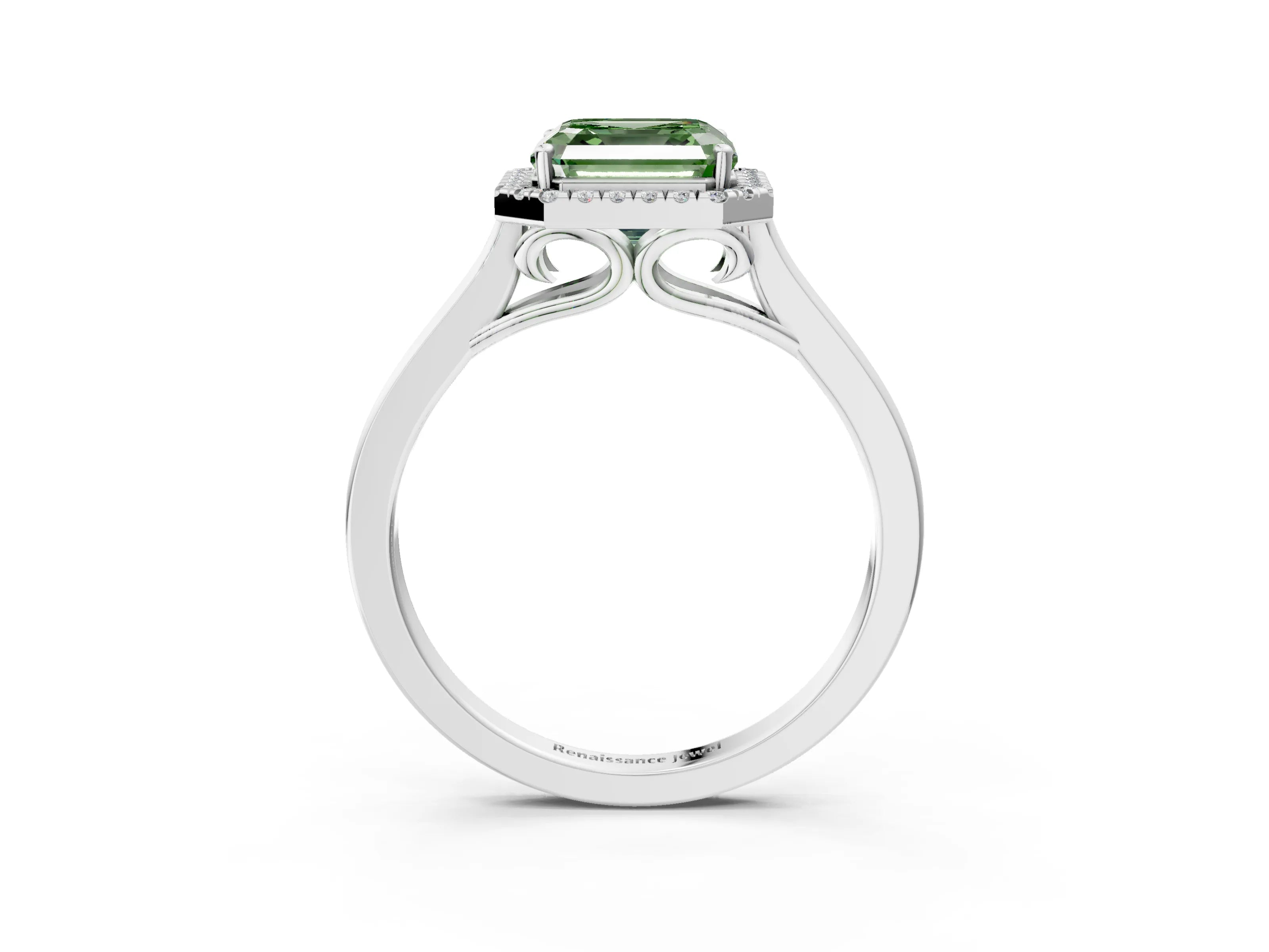 White gold Fancy Green Asscher Cut Halo Round Diamond Solitaire Ring with Pavé Band and Four-Prong Setting_3