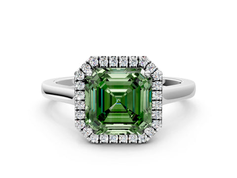 White gold Fancy Green Asscher Cut Halo Round Diamond Solitaire Ring with Pavé Band and Four-Prong Setting