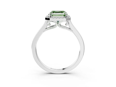 White gold Fancy Green Asscher Cut Halo Round Diamond Solitaire Ring with Pavé Band and Four-Prong Setting_3