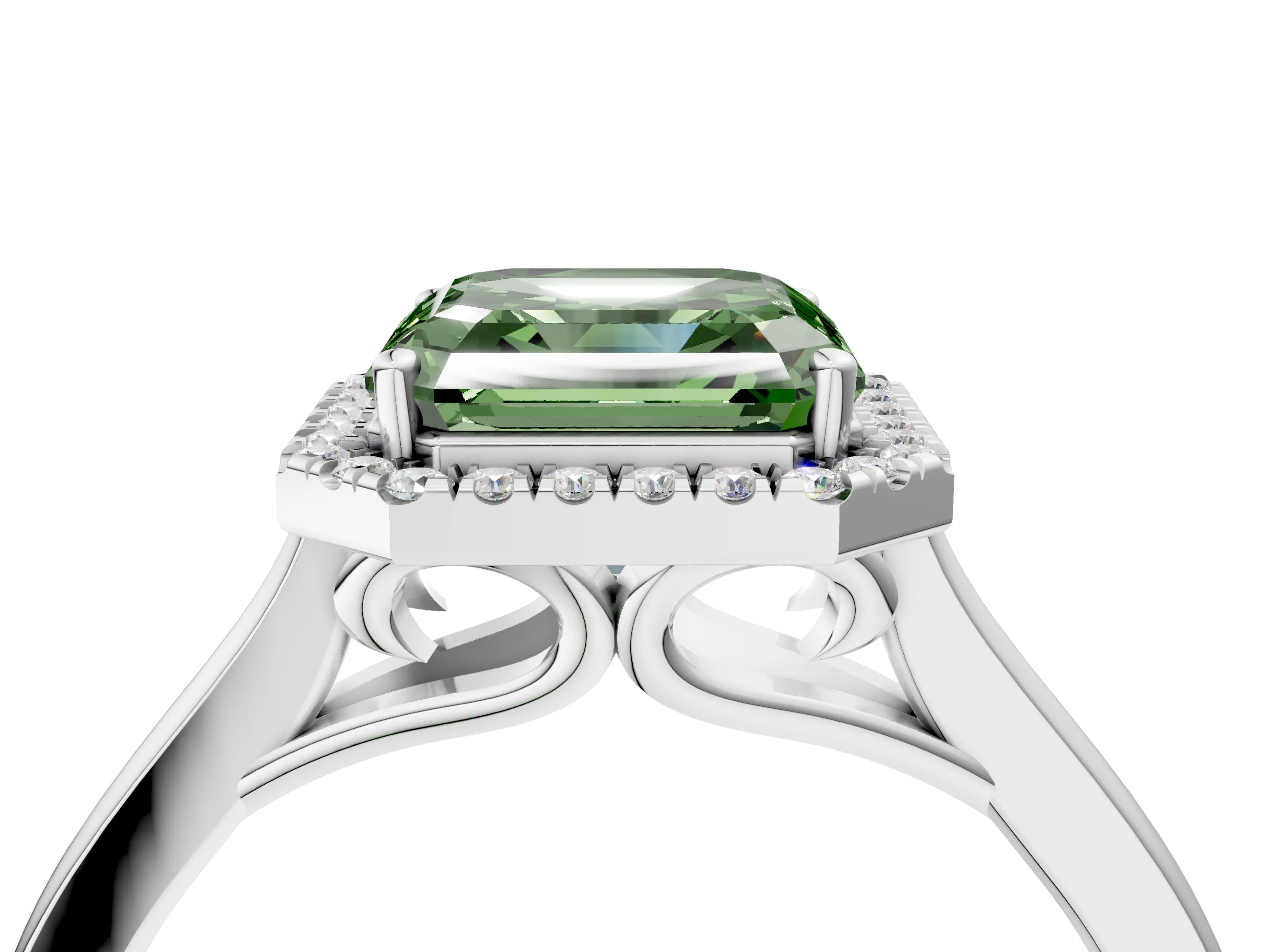 White gold Fancy Green Asscher Cut Halo Round Diamond Solitaire Ring with Pavé Band and Four-Prong Setting_4