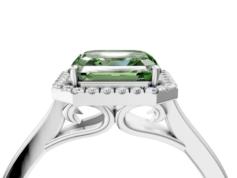 White gold Fancy Green Asscher Cut Halo Round Diamond Solitaire Ring with Pavé Band and Four-Prong Setting_4