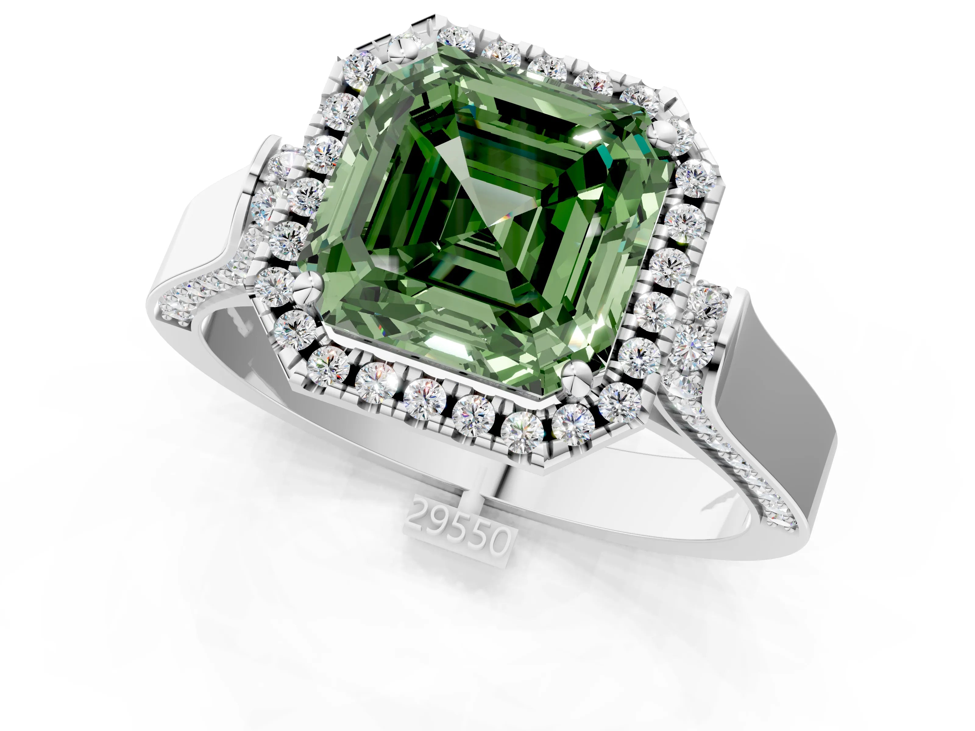 White gold Fancy Green Asscher Cut Halo Round Diamond Twist Band with Four-Prong Setting_1