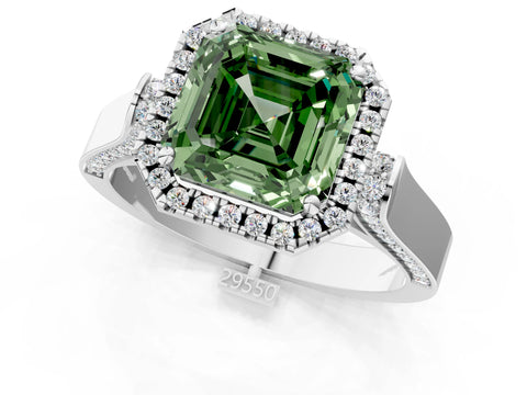 White gold Fancy Green Asscher Cut Halo Round Diamond Twist Band with Four-Prong Setting_1