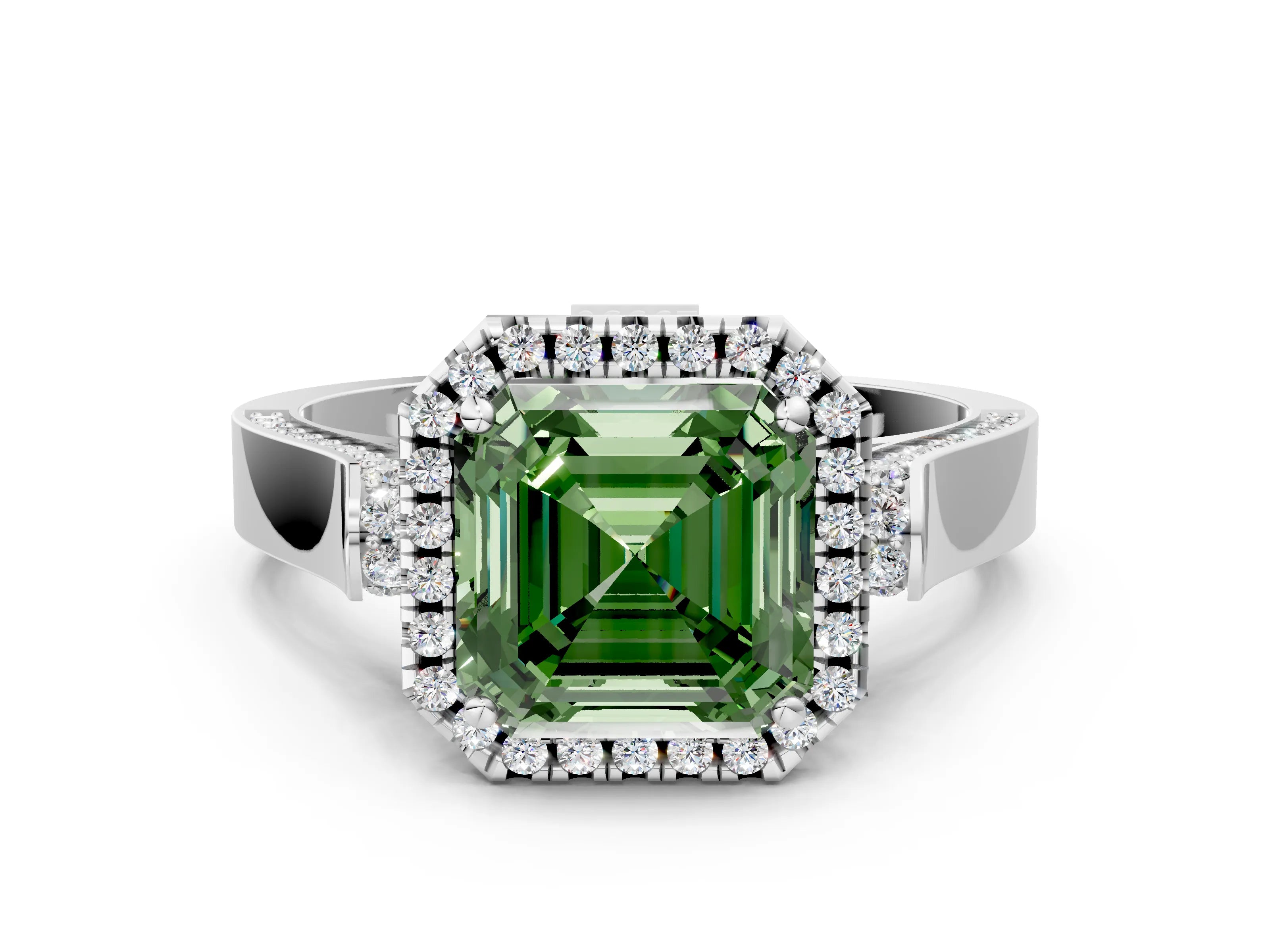 White gold Fancy Green Asscher Cut Halo Round Diamond Twist Band with Four-Prong Setting_24