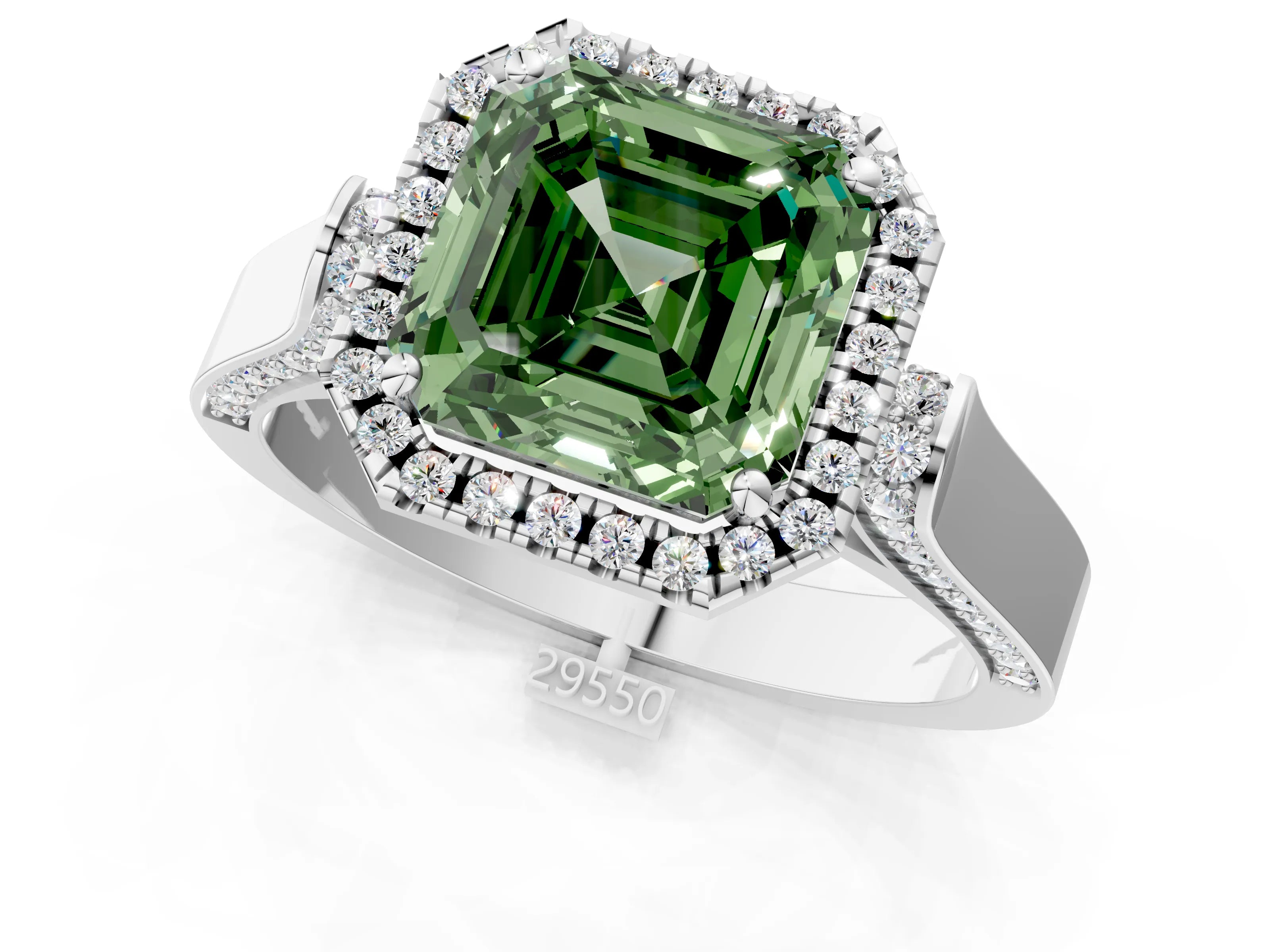 White gold Fancy Green Asscher Cut Halo Round Diamond Twist Band with Four-Prong Setting_25