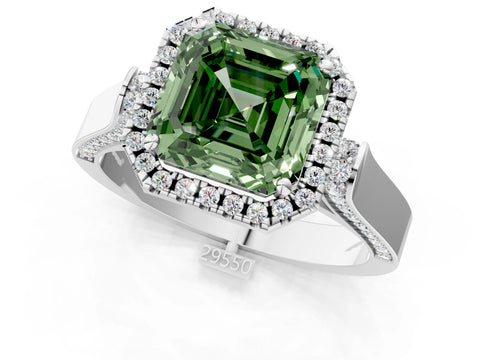 White gold Fancy Green Asscher Cut Halo Round Diamond Twist Band with Four-Prong Setting_25