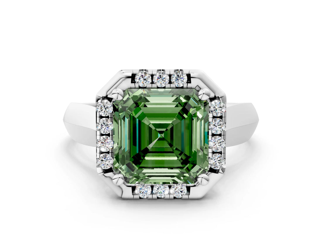 White gold Fancy Green Asscher  Cut Halo Solitaire Engagement Ring with Square Band and Four-Prong Setting_114