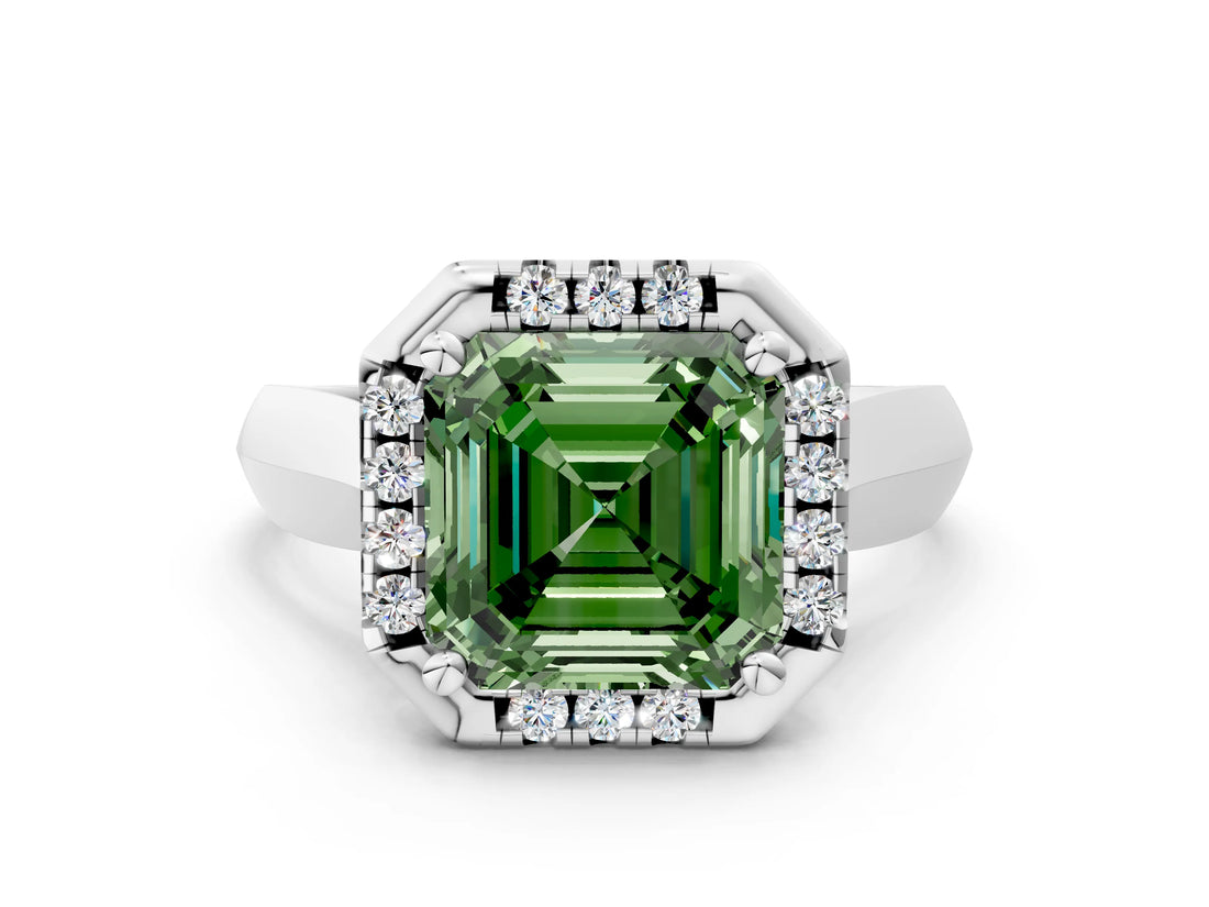 White gold Fancy Green Asscher  Cut Halo Solitaire Engagement Ring with Square Band and Four-Prong Setting_12