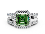 White gold Fancy Green Asscher  Cut Halo Split Shank Diamond Ring with Four-Prong Setting