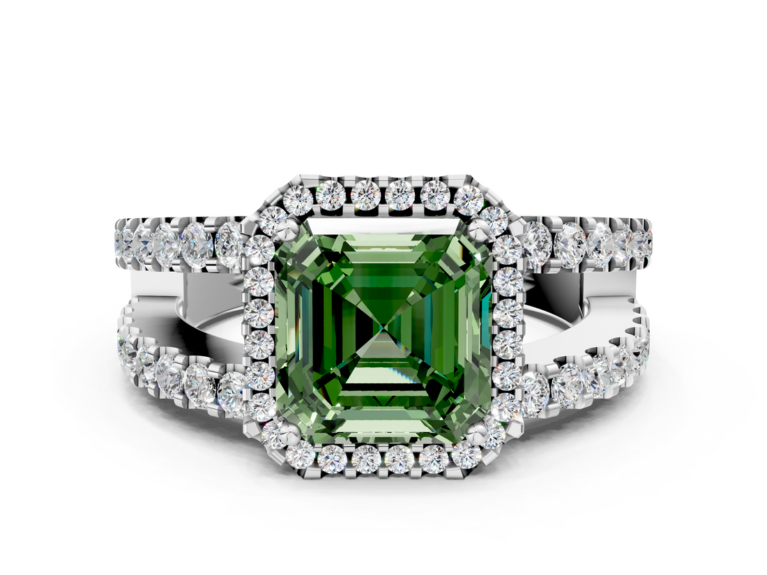 White gold Fancy Green Asscher  Cut Halo Split Shank Diamond Ring with Four-Prong Setting