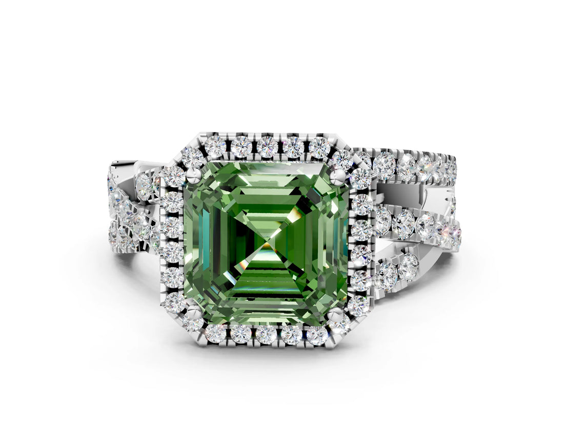 White gold Fancy Green Asscher  Cut Halo Split Shank Prong Setting Ring_36