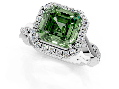 White gold Fancy Green Asscher Cut Halo Twist Band with Four-Prong Setting_1