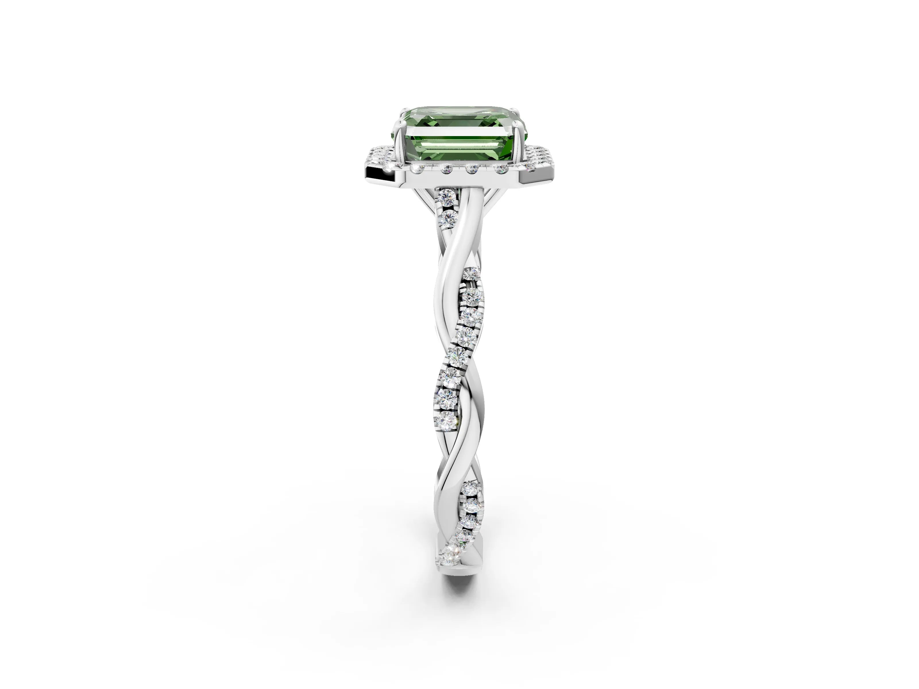 White gold Fancy Green Asscher Cut Halo Twist Band with Four-Prong Setting_2
