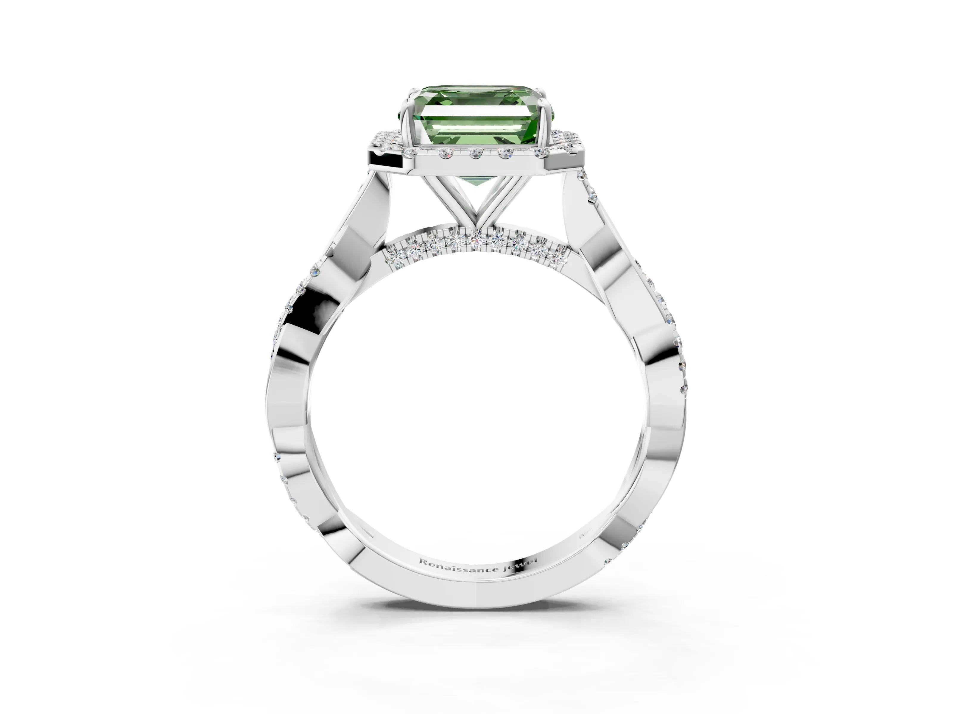 White gold Fancy Green Asscher Cut Halo Twist Band with Four-Prong Setting_3