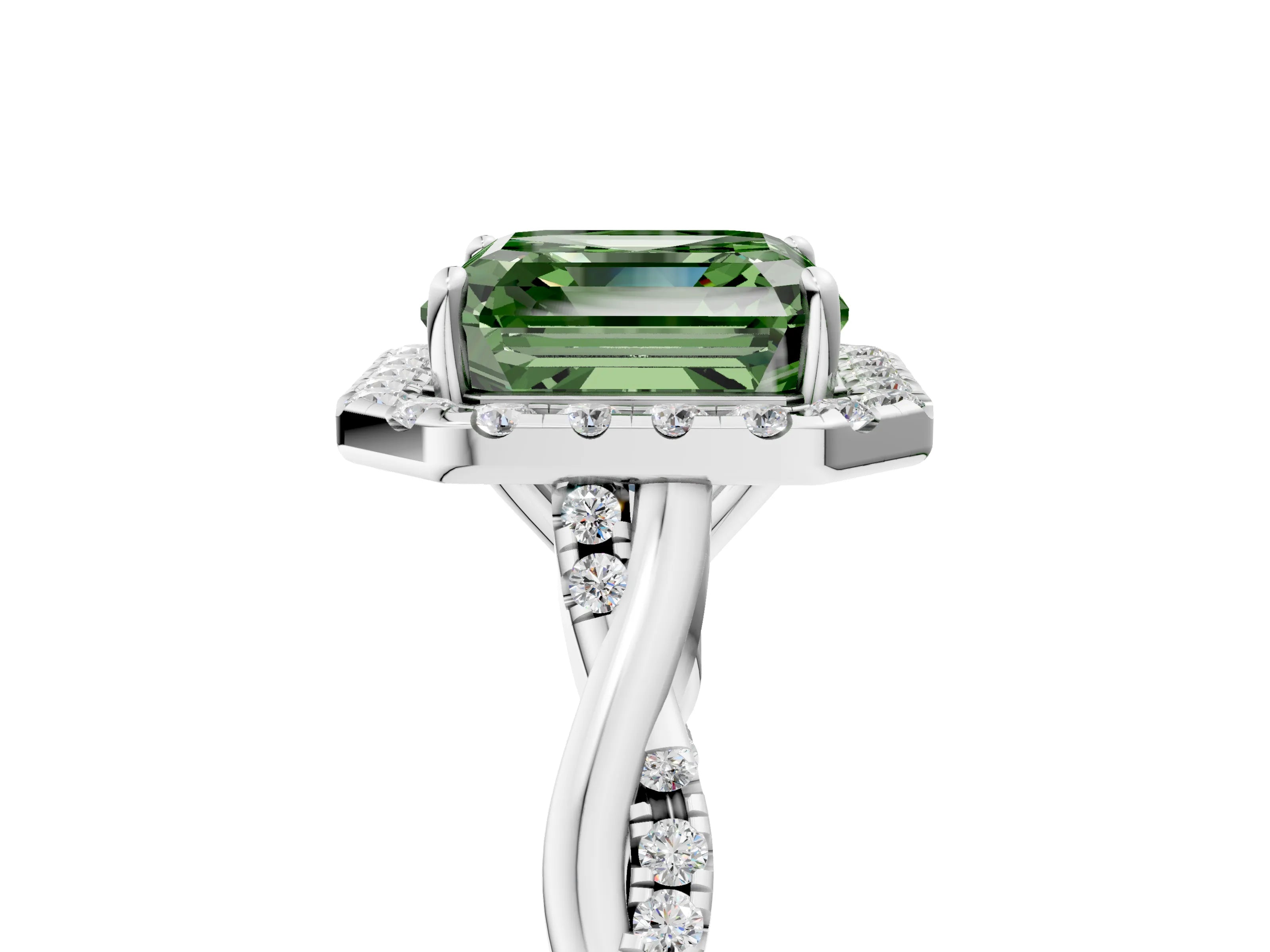 White gold Fancy Green Asscher Cut Halo Twist Band with Four-Prong Setting_5