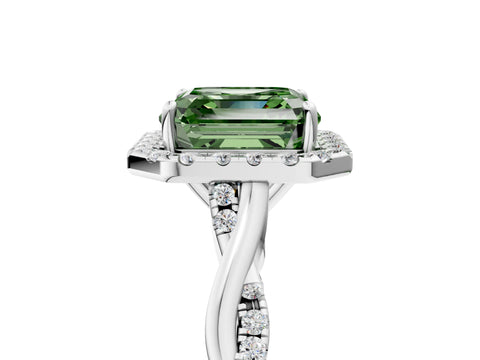 White gold Fancy Green Asscher Cut Halo Twist Band with Four-Prong Setting_5