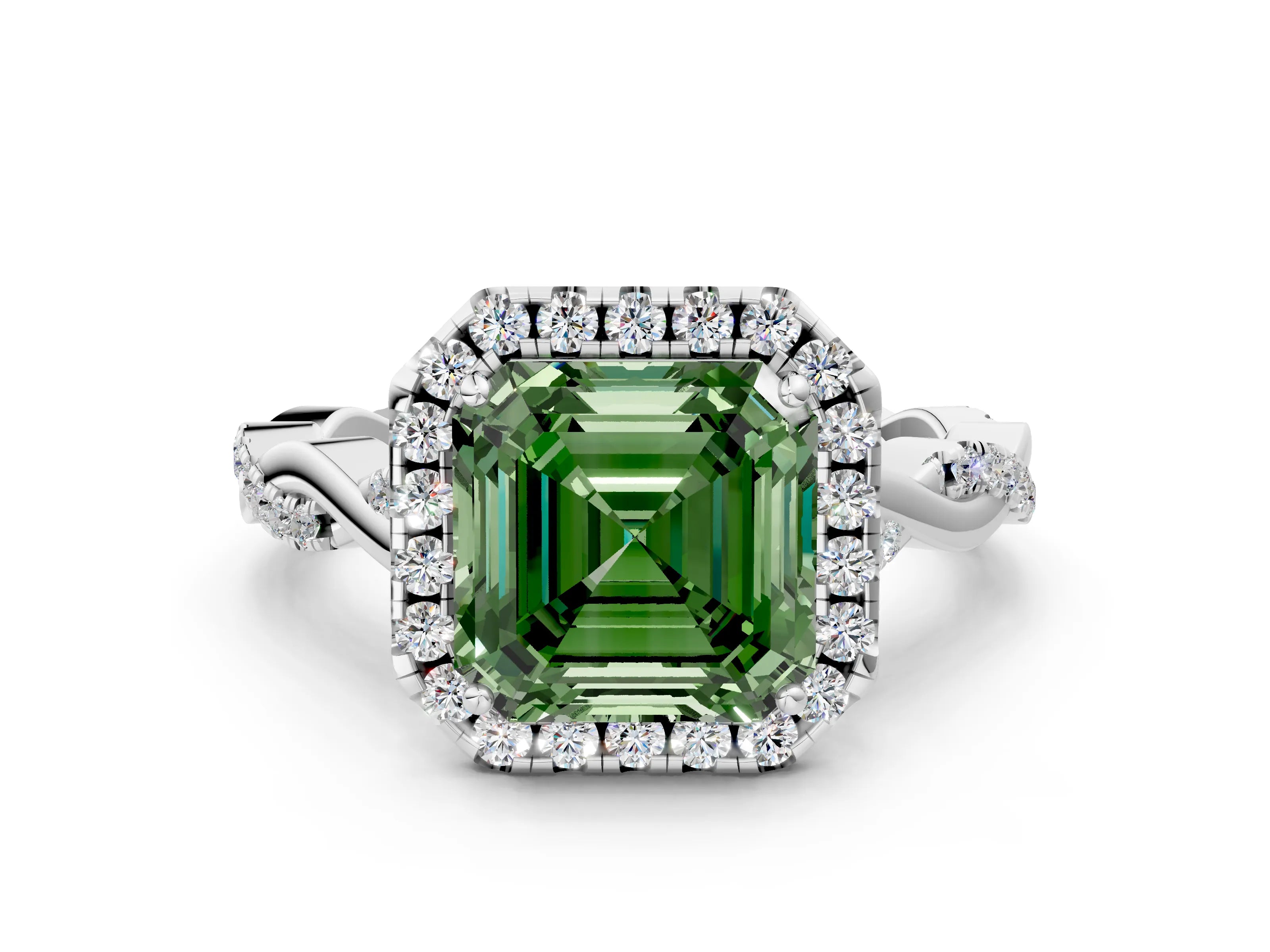 White gold Fancy Green Asscher Cut Halo Twist Band with Four-Prong Setting