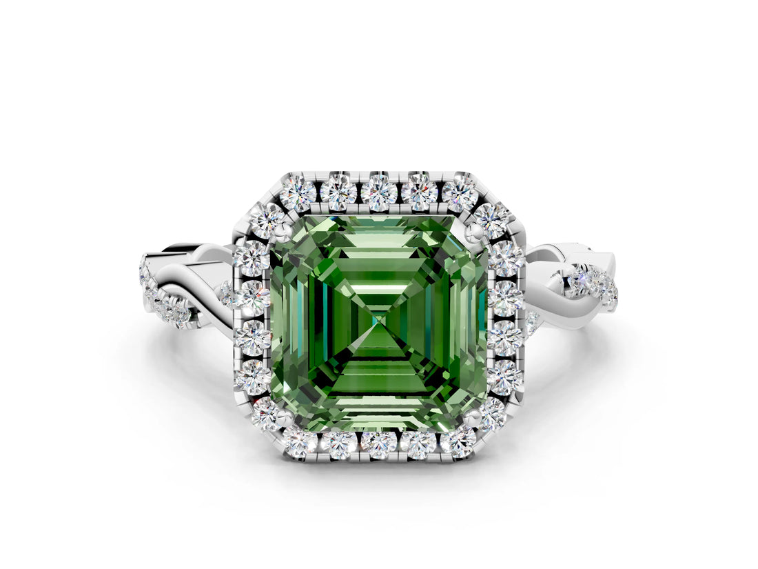 White gold Fancy Green Asscher Cut Halo Twist Band with Four-Prong Setting_72