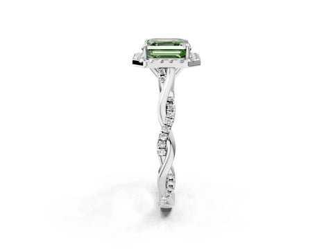White gold Fancy Green Asscher Cut Halo Twist Band with Four-Prong Setting_75