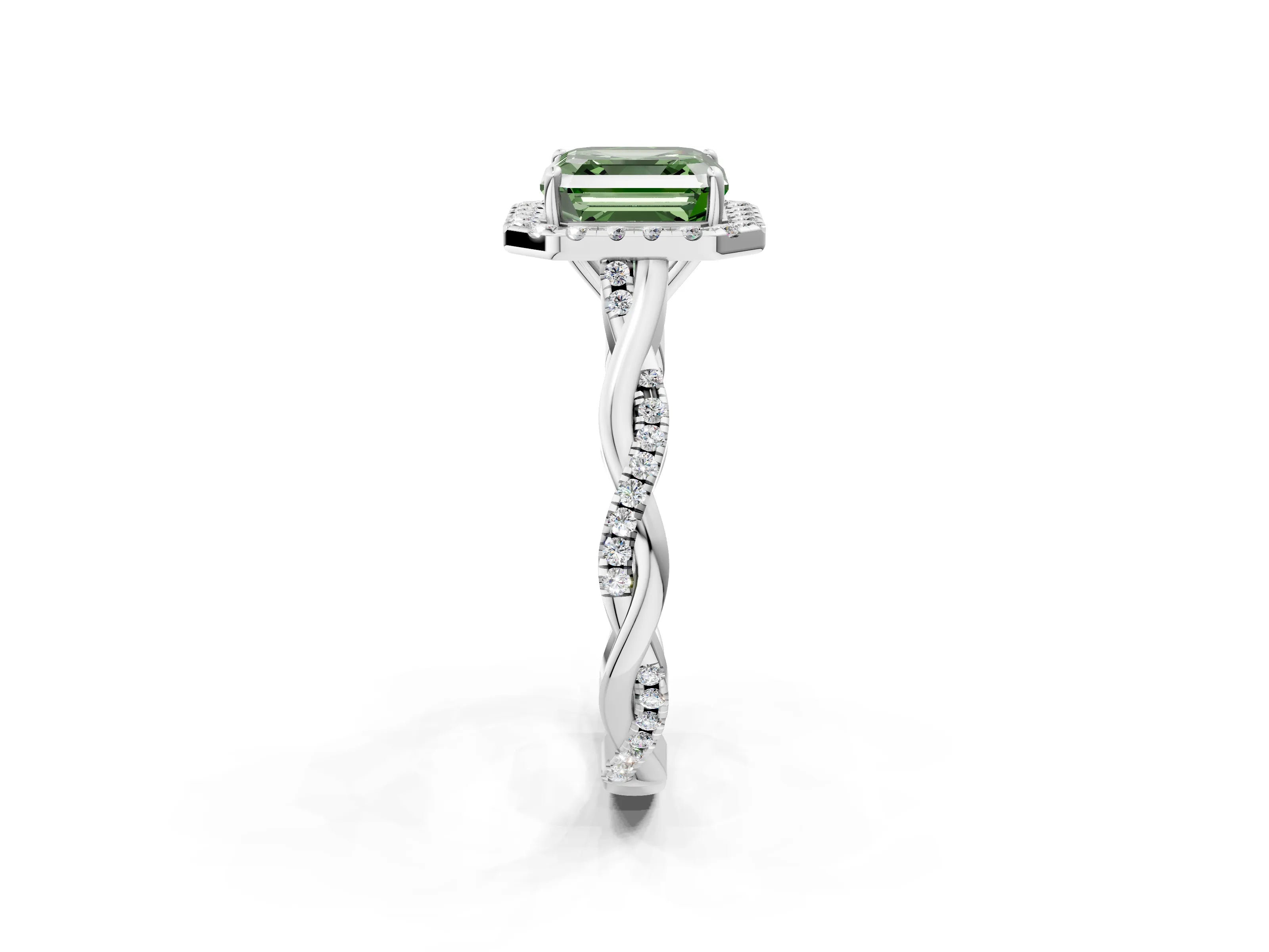 White gold Fancy Green Asscher Cut Halo Twist Band with Four-Prong Setting_75