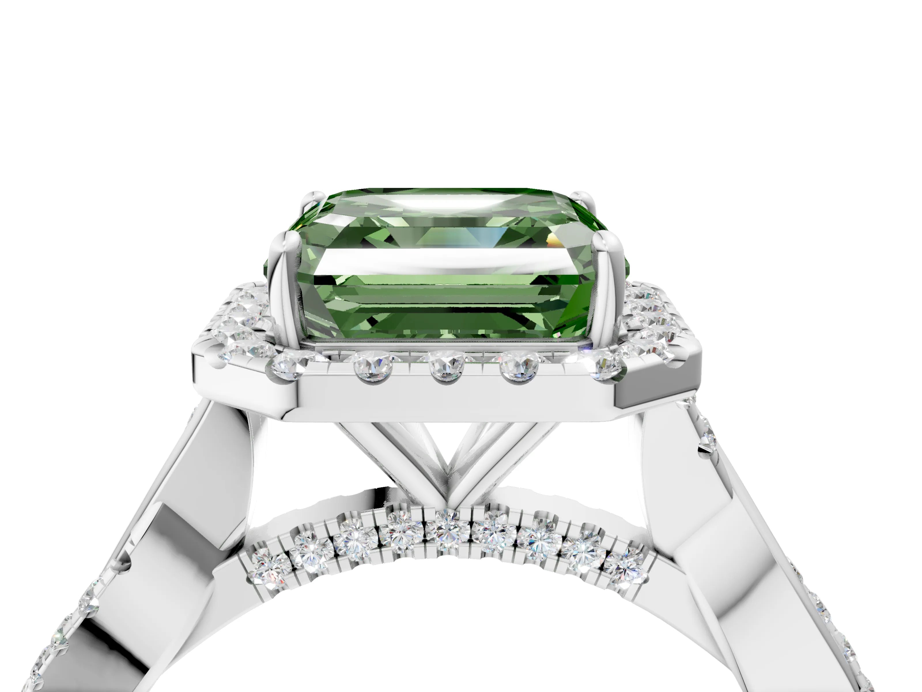 White gold Fancy Green Asscher Cut Halo Twist Band with Four-Prong Setting_76