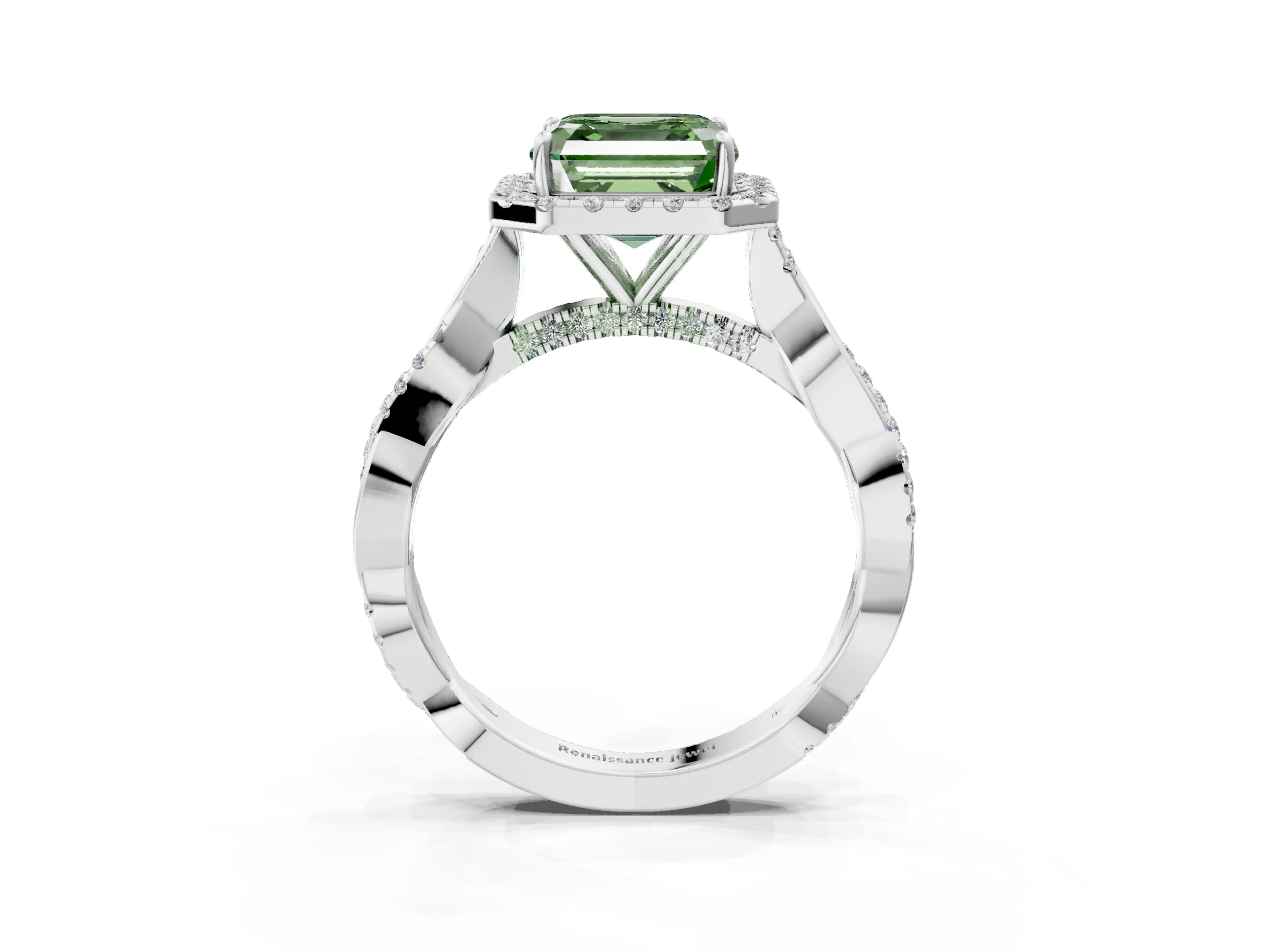 White gold Fancy Green Asscher Cut Halo Twist Band with Four-Prong Setting_76