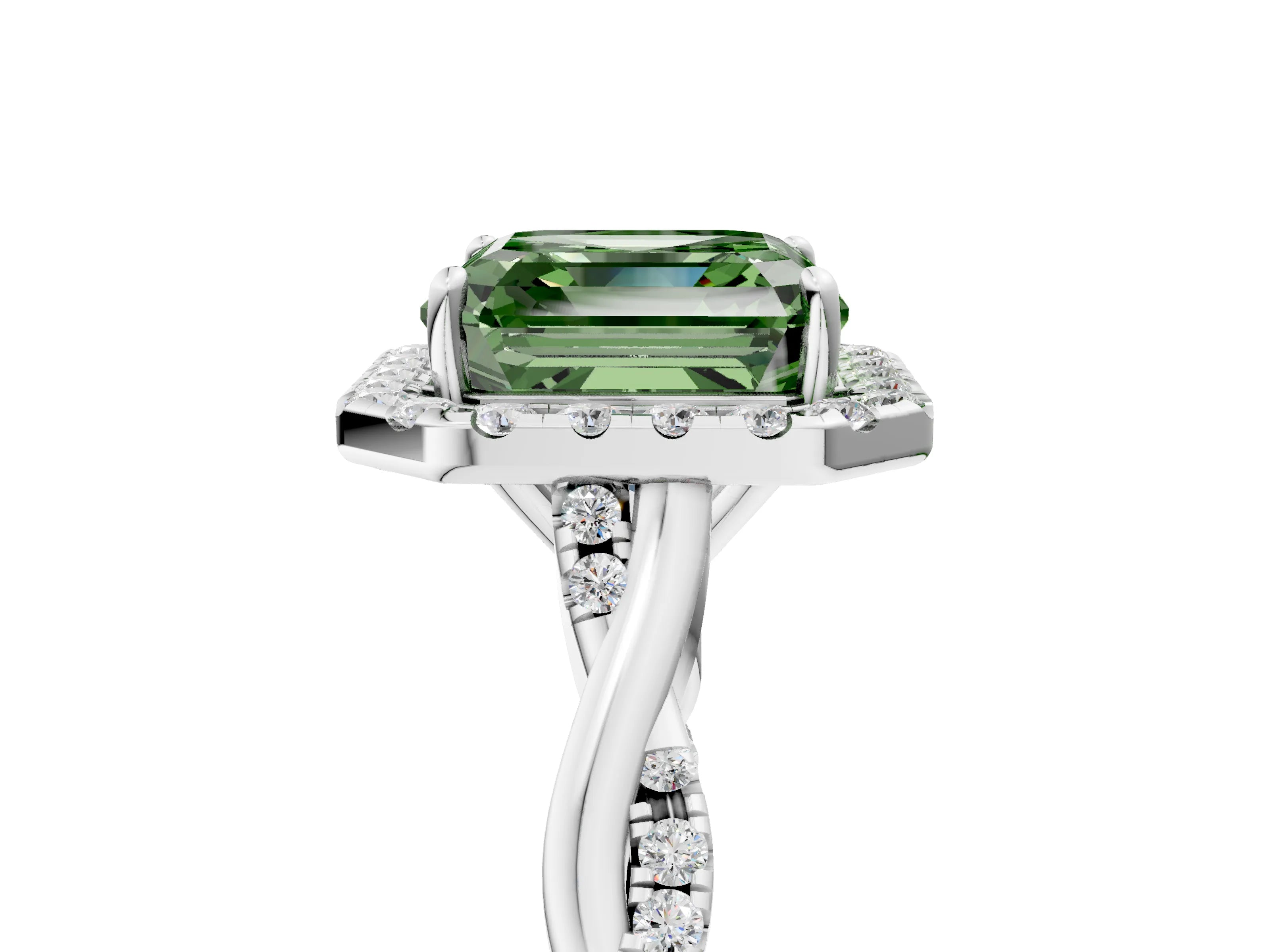 White gold Fancy Green Asscher Cut Halo Twist Band with Four-Prong Setting_77