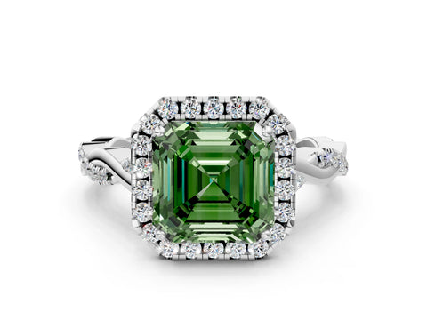 White gold Fancy Green Asscher Cut Halo Twist Band with Four-Prong Setting