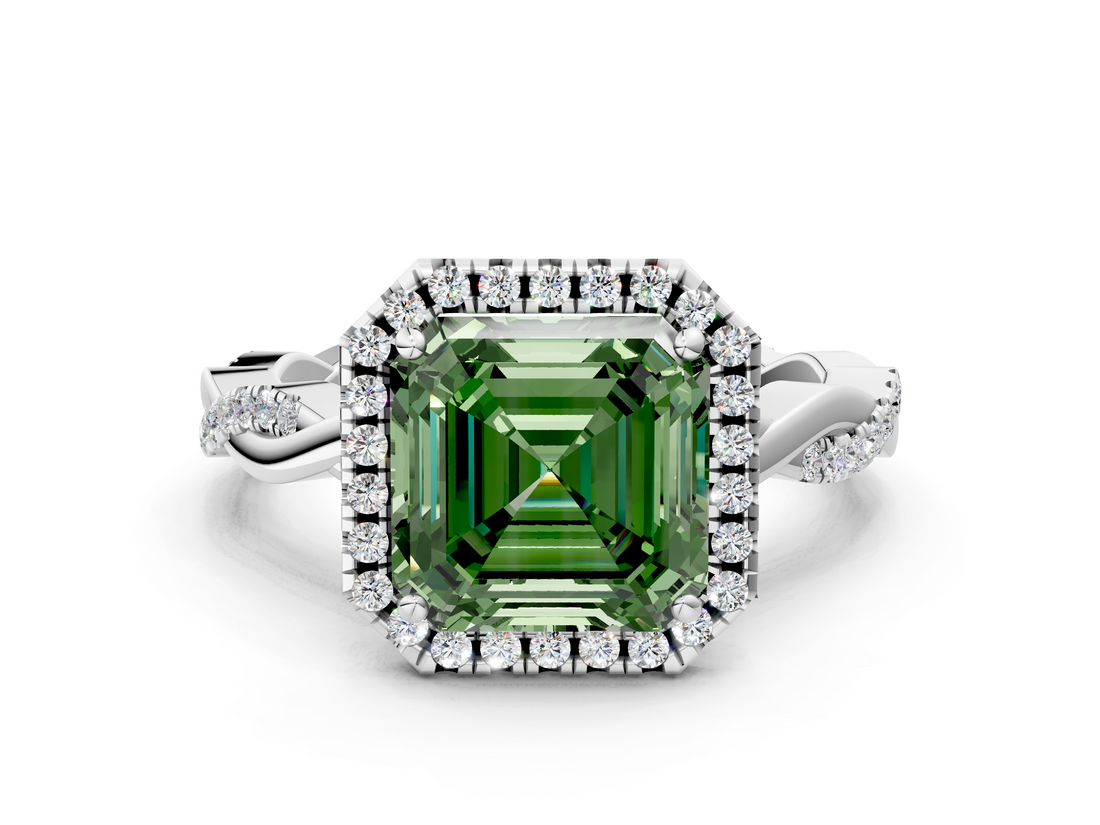 White gold Fancy Green Asscher  Cut Halo Twisted Band Four-Prong Ring