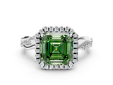 White gold Fancy Green Asscher  Cut Halo Twisted Band Four-Prong Ring