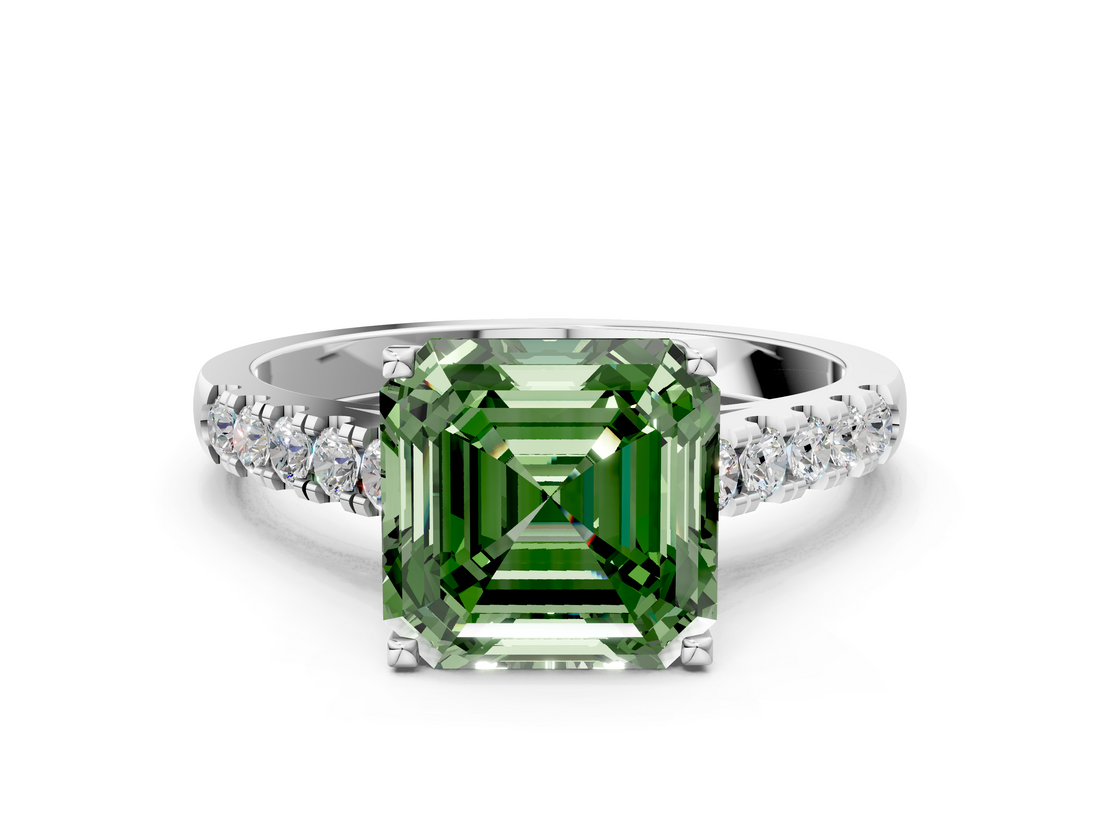 White gold Fancy Green Asscher  Cut Pavé Band Solitaire Ring with Four-Prong Setting_10