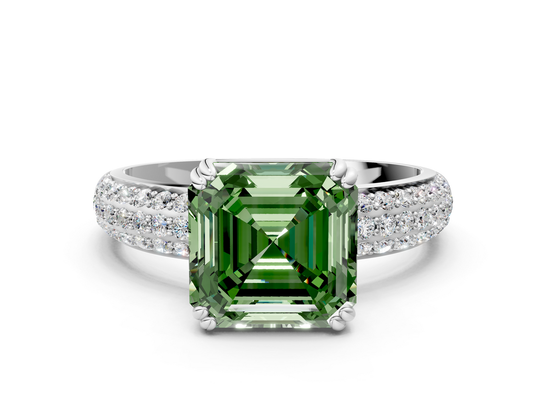 White gold Fancy Green Asscher  Cut Pave Diamond Engagement Ring with Channel Set Band and Four-Prong Setting