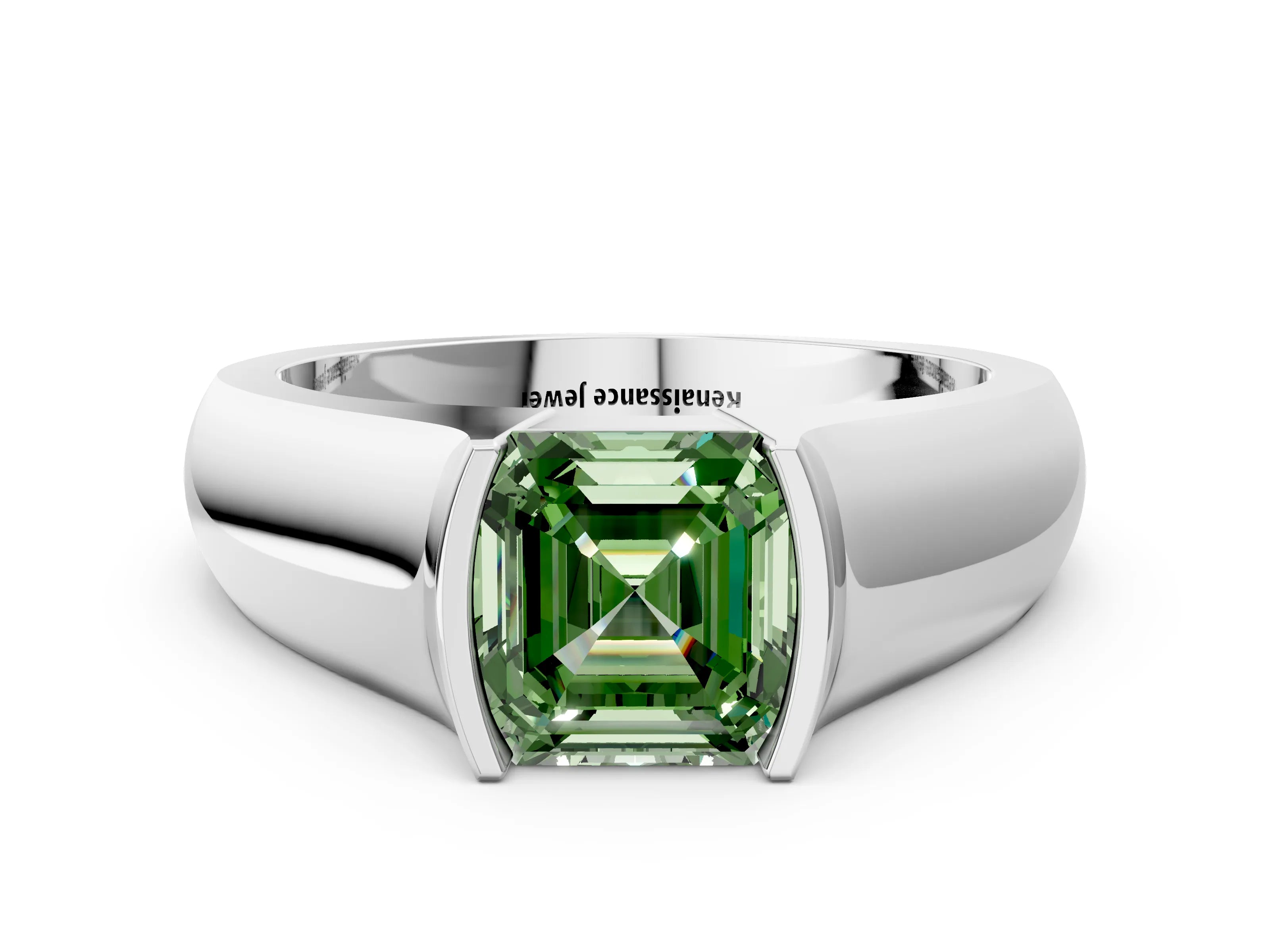 White gold Fancy Green Asscher Cut Solitaire Bezel Set Diamond Ring with Wide Band_12