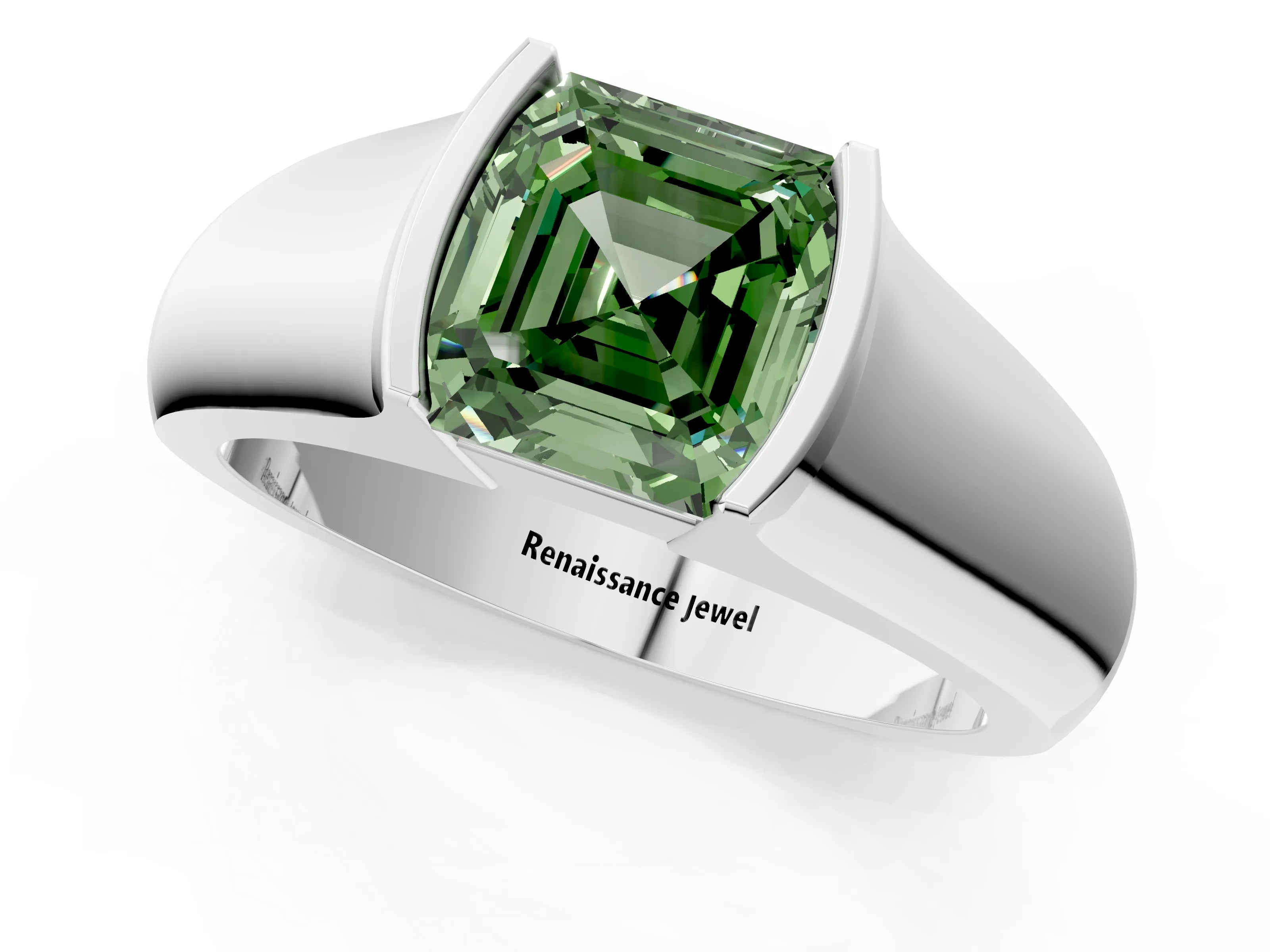 White gold Fancy Green Asscher Cut Solitaire Bezel Set Diamond Ring with Wide Band_13