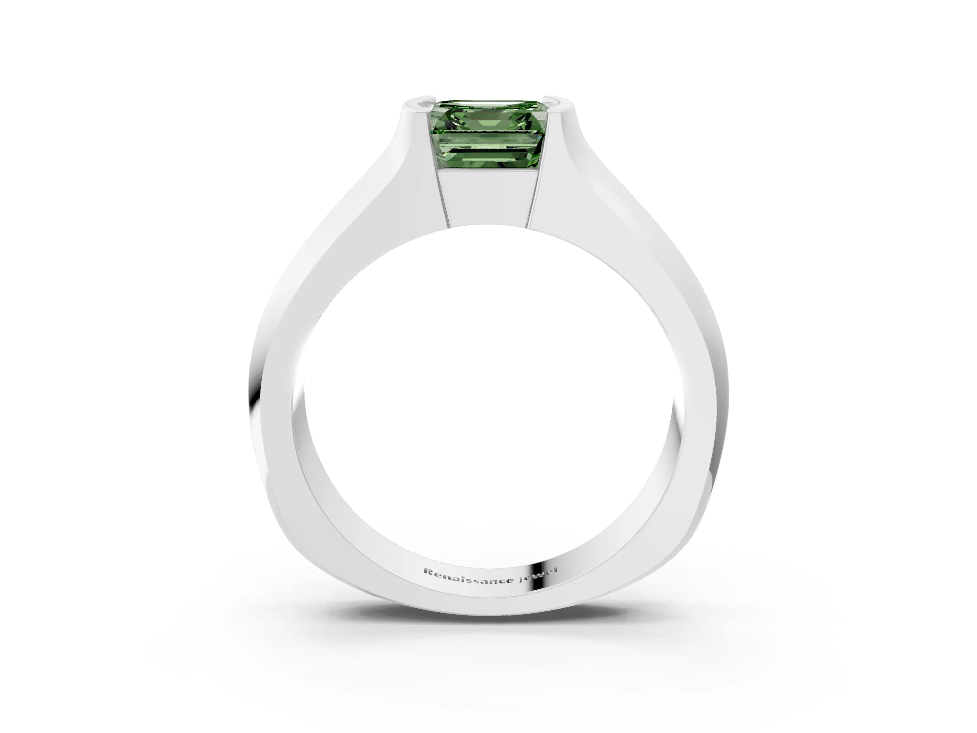White gold Fancy Green Asscher Cut Solitaire Bezel Set Diamond Ring with Wide Band_15