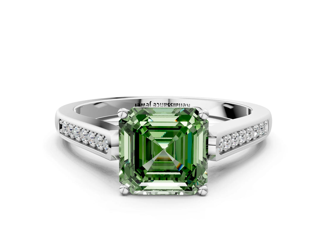 White gold Fancy Green Asscher Cut Solitaire Cathedral Diamond Engagement Ring with Channel-Set Band and Four-Prong Setting_15