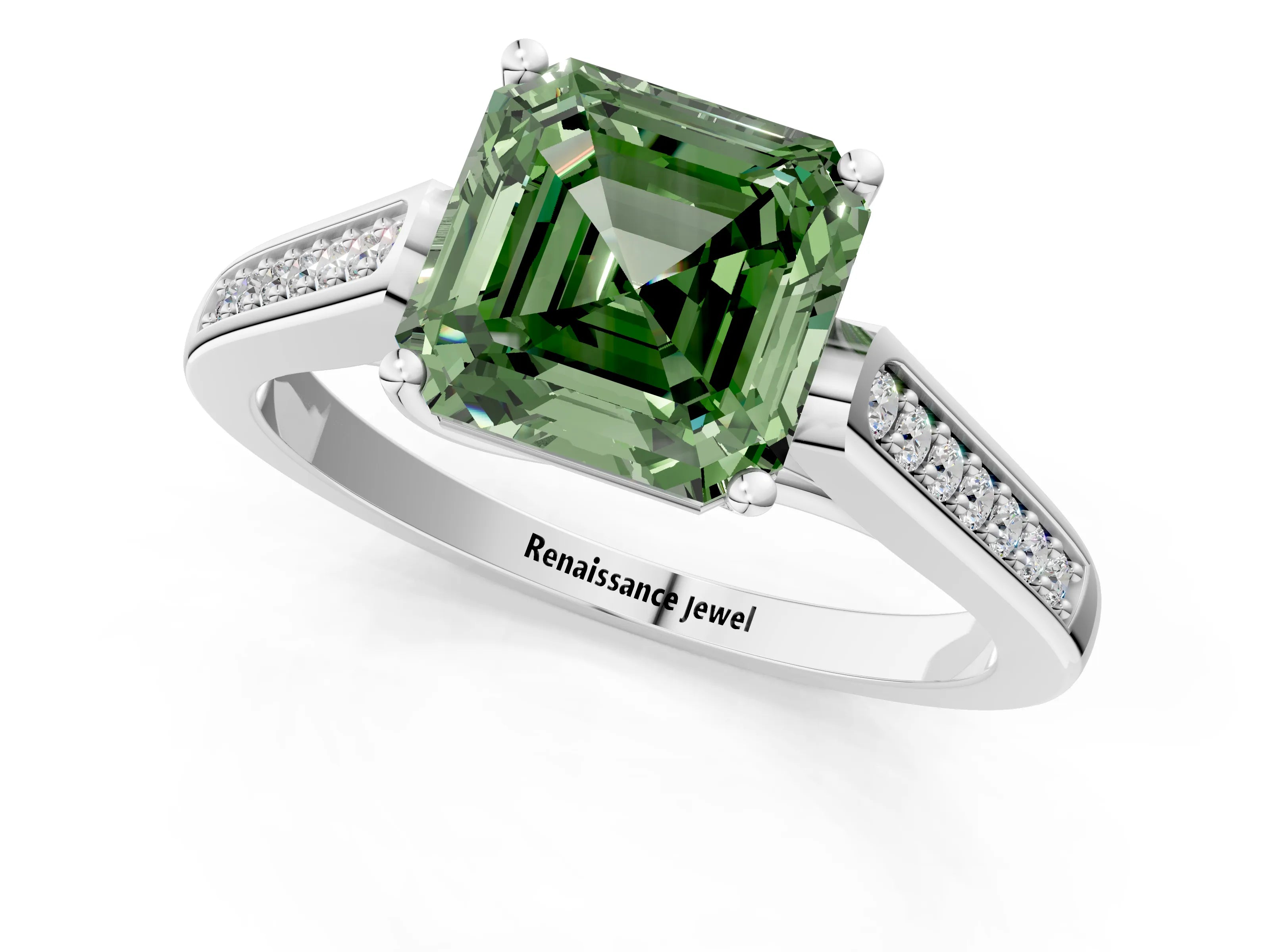 White gold Fancy Green Asscher Cut Solitaire Cathedral Diamond Engagement Ring with Channel-Set Band and Four-Prong Setting_16