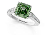 White gold Fancy Green Asscher Cut Solitaire Cathedral Diamond Engagement Ring with Channel-Set Band and Four-Prong Setting_16