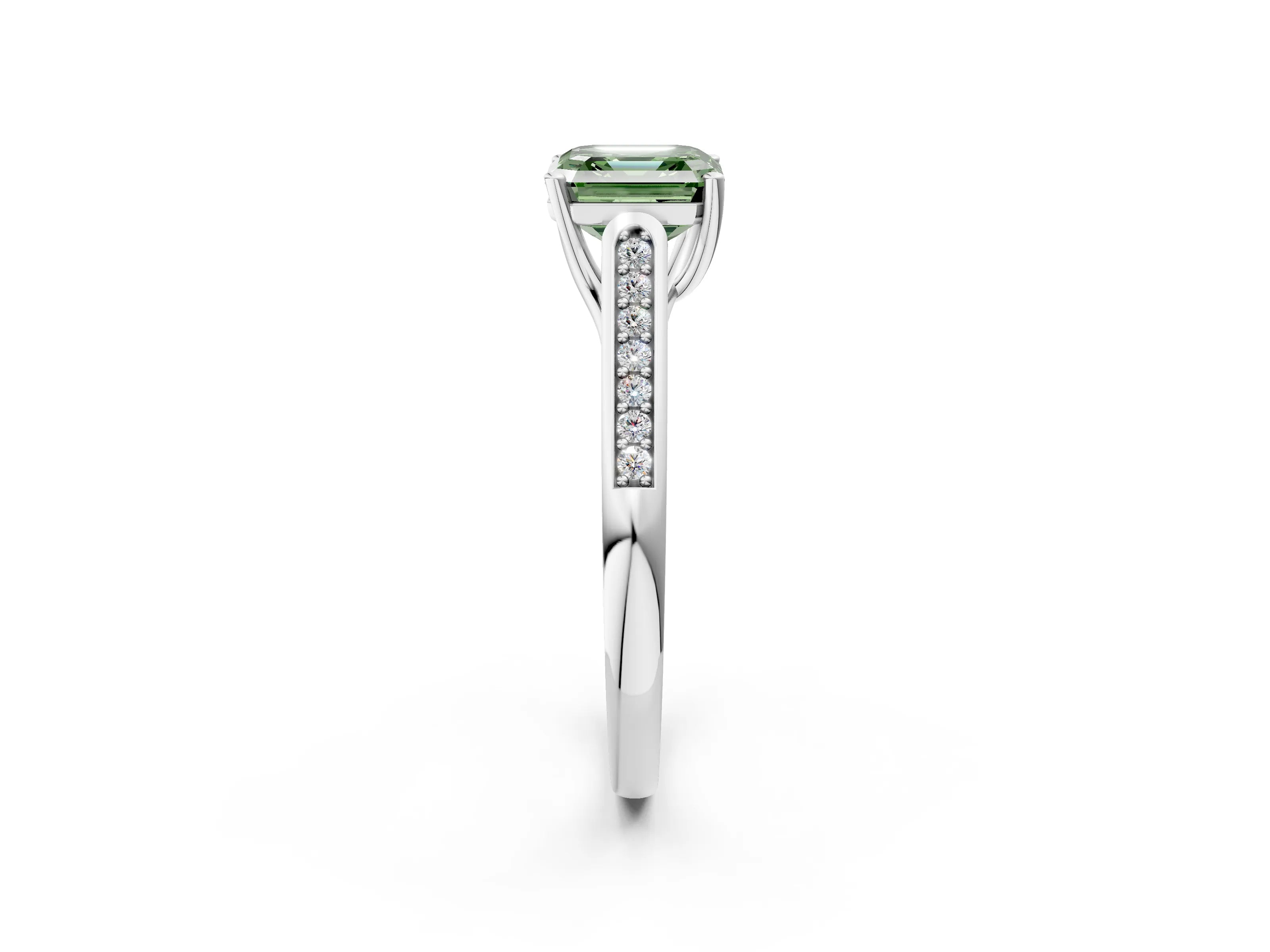 White gold Fancy Green Asscher Cut Solitaire Cathedral Diamond Engagement Ring with Channel-Set Band and Four-Prong Setting_17