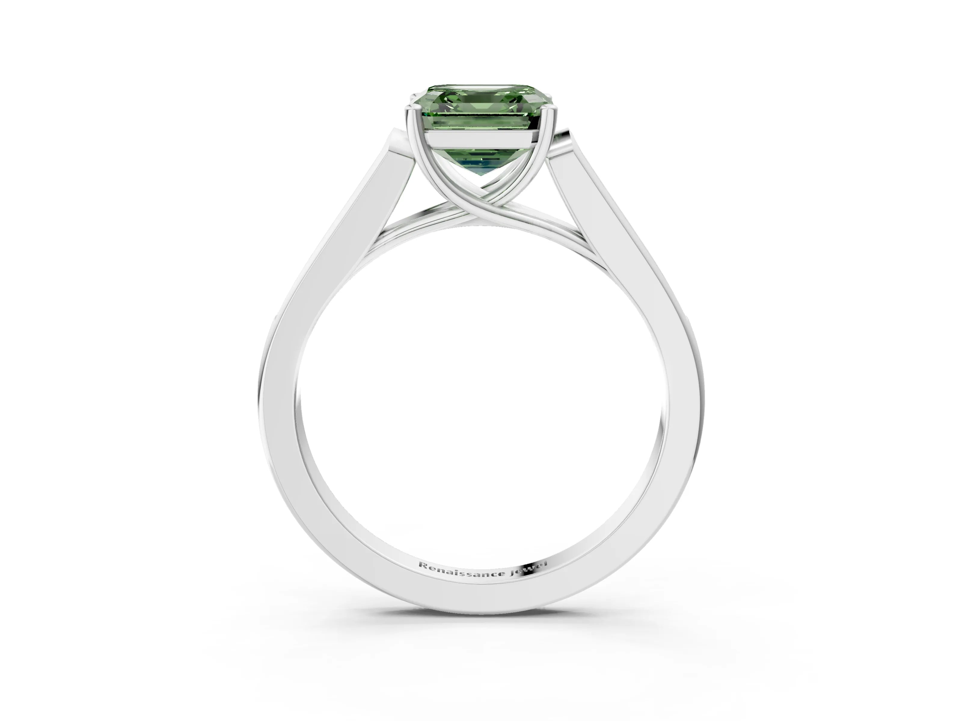 White gold Fancy Green Asscher Cut Solitaire Cathedral Diamond Engagement Ring with Channel-Set Band and Four-Prong Setting_18