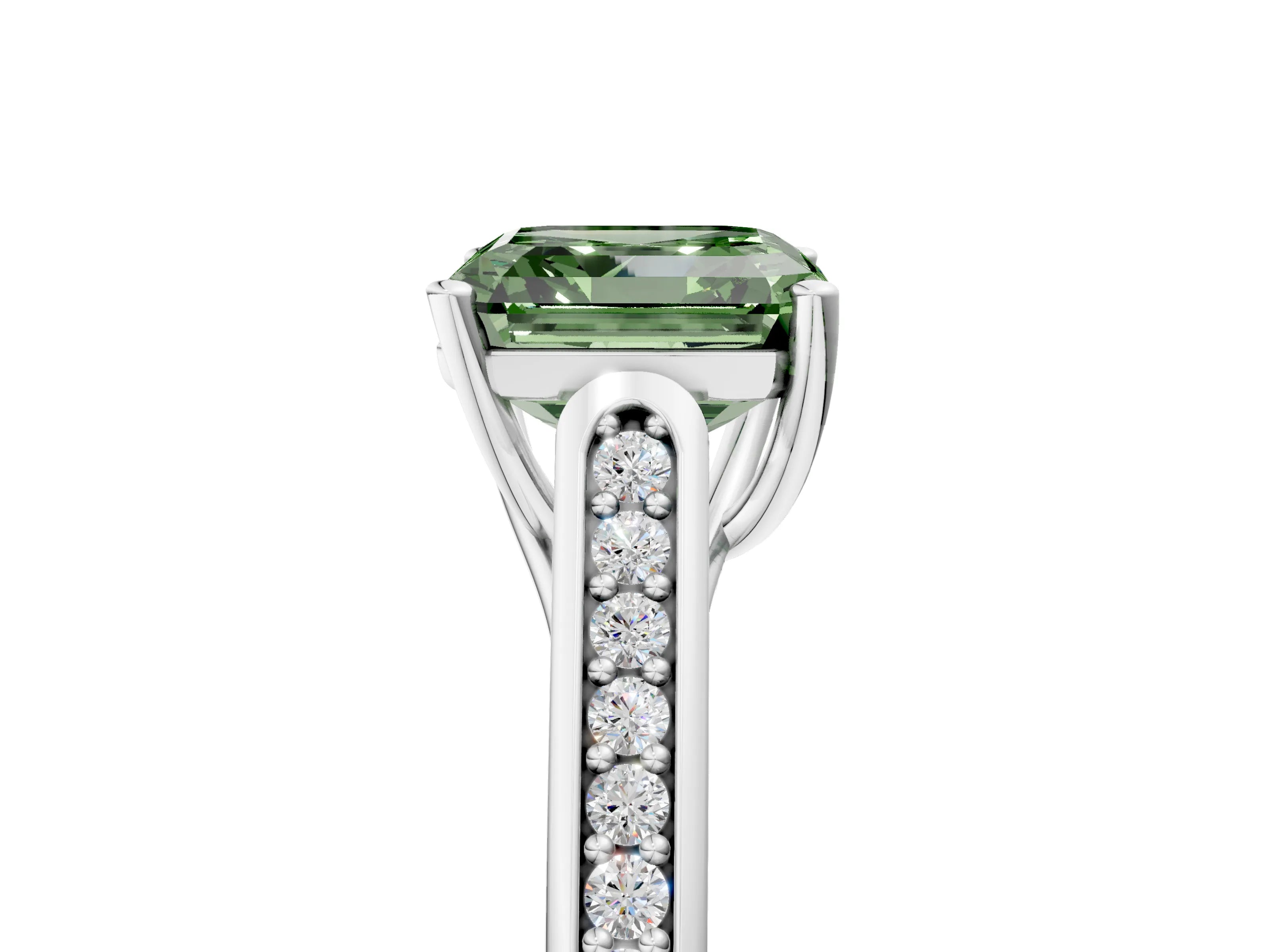 White gold Fancy Green Asscher Cut Solitaire Cathedral Diamond Engagement Ring with Channel-Set Band and Four-Prong Setting_20