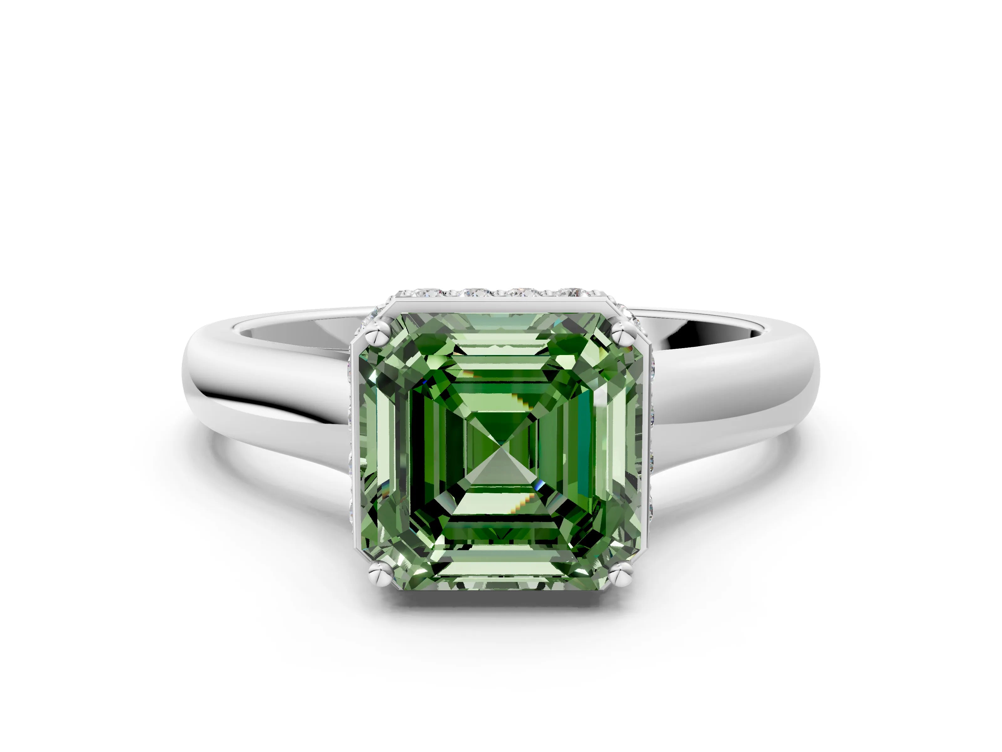 White gold Fancy Green Asscher Cut Solitaire Diamond Engagement Ring with Four-Prong Setting and Tapered Band_12