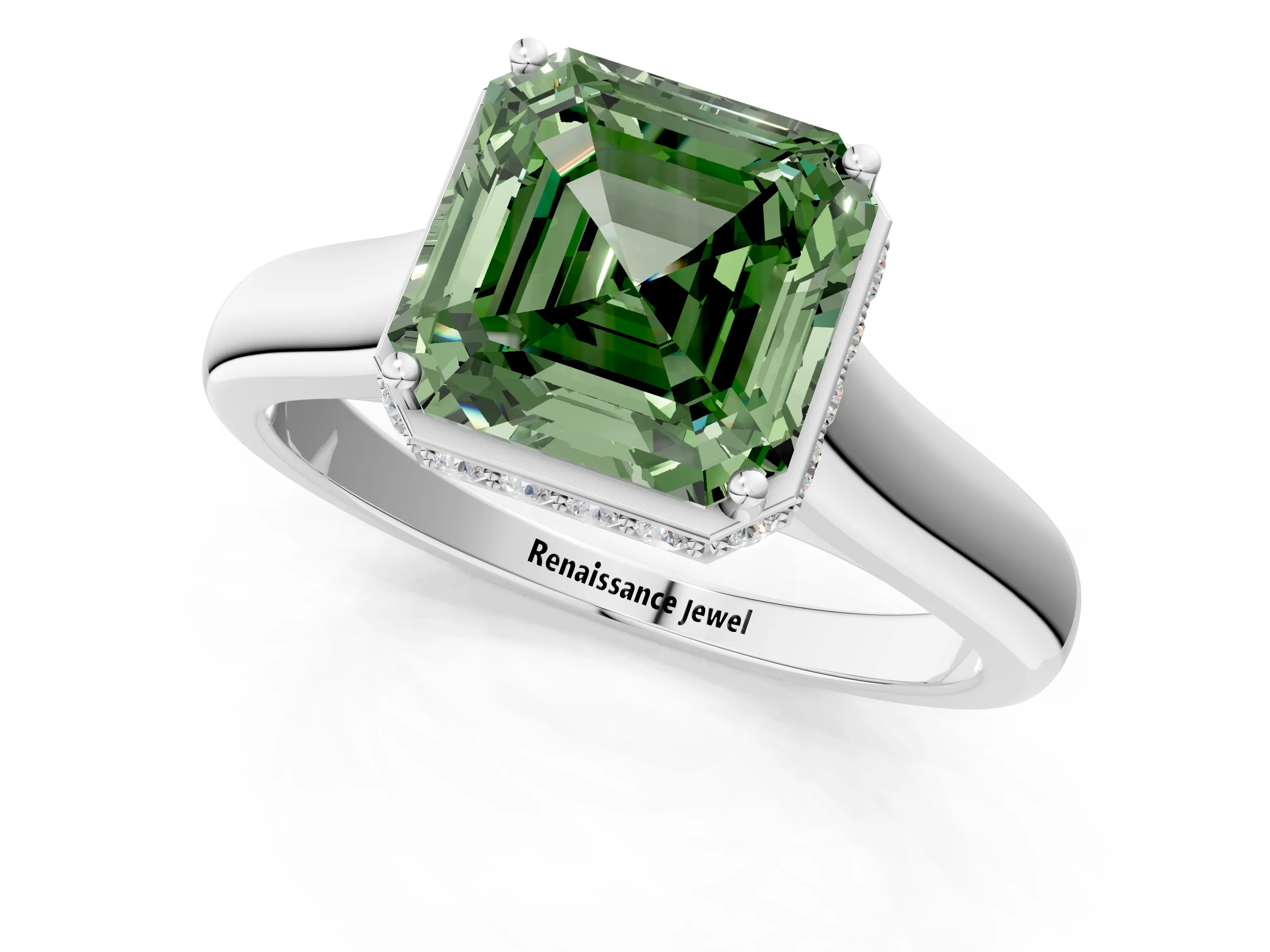 White gold Fancy Green Asscher Cut Solitaire Diamond Engagement Ring with Four-Prong Setting and Tapered Band_13