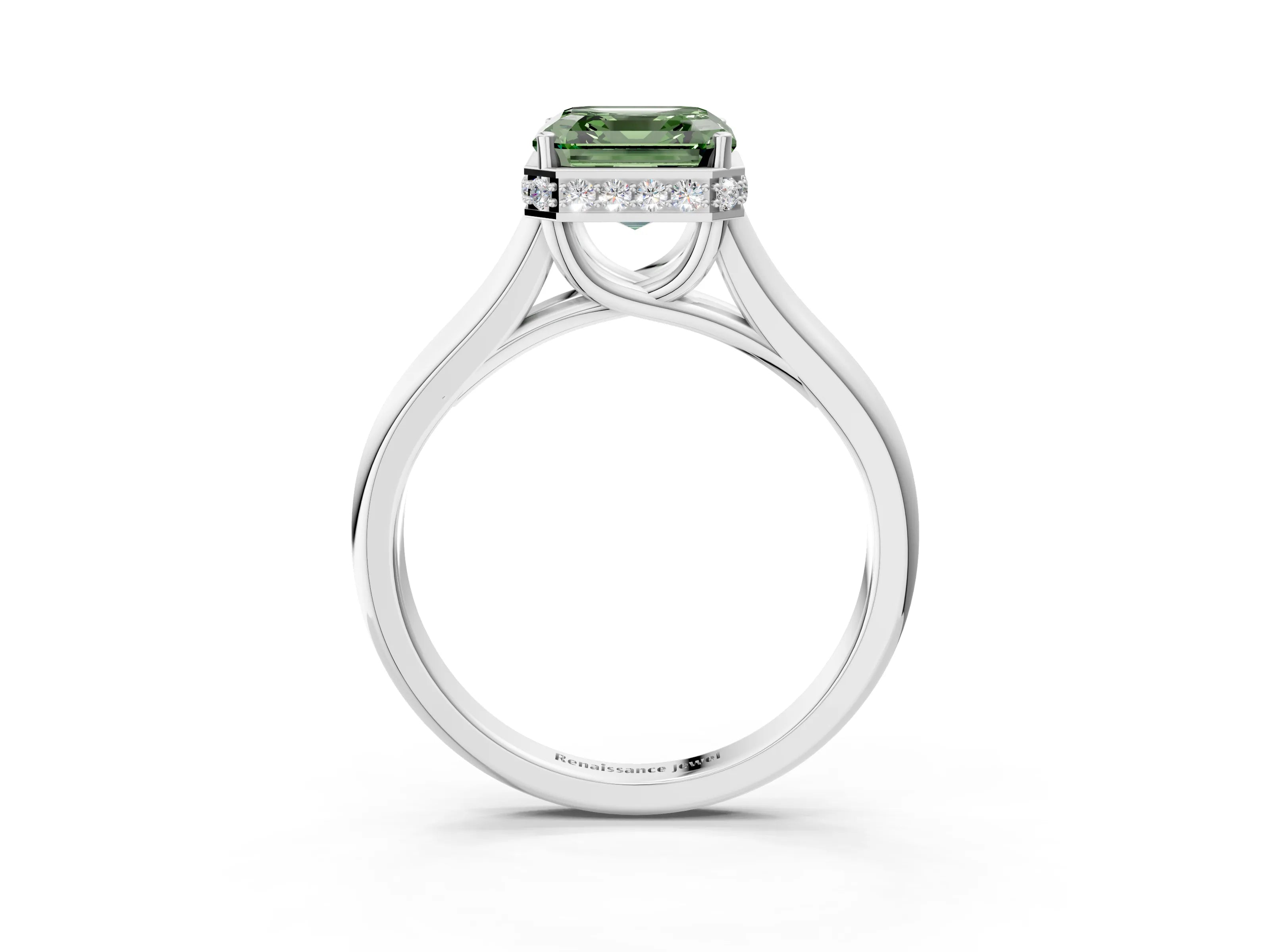 White gold Fancy Green Asscher Cut Solitaire Diamond Engagement Ring with Four-Prong Setting and Tapered Band_15