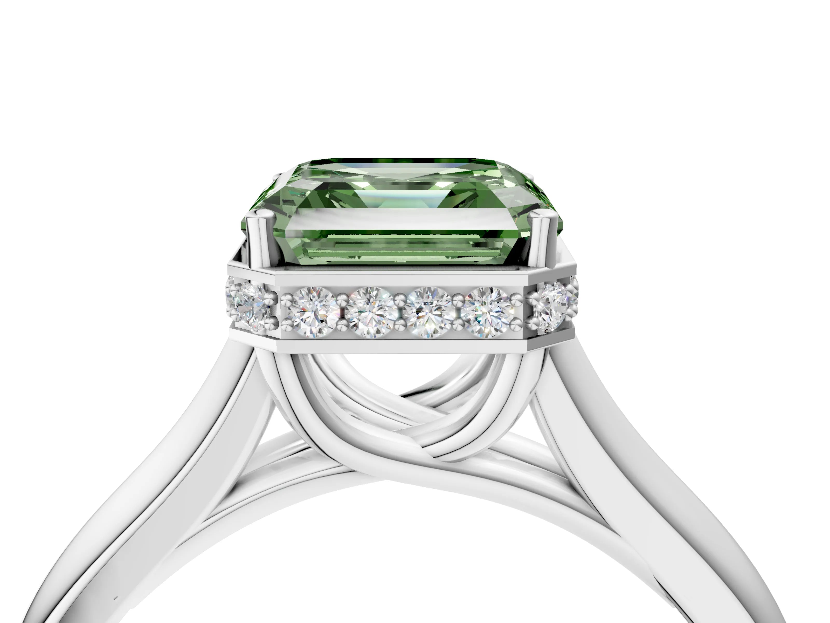 White gold Fancy Green Asscher Cut Solitaire Diamond Engagement Ring with Four-Prong Setting and Tapered Band_16