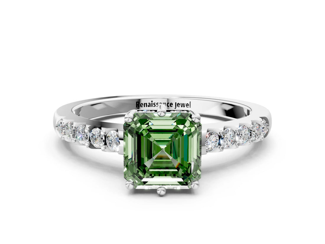 White gold Fancy Green Asscher Cut Solitaire Diamond Engagement Ring with Pavé Band and Six-Prong Setting_37