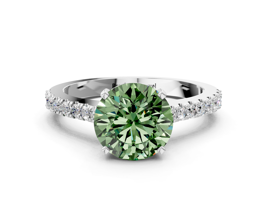 White gold Fancy Green Asscher  Cut Solitaire Diamond Engagement Ring with Pave Band and Four-Prong Setting