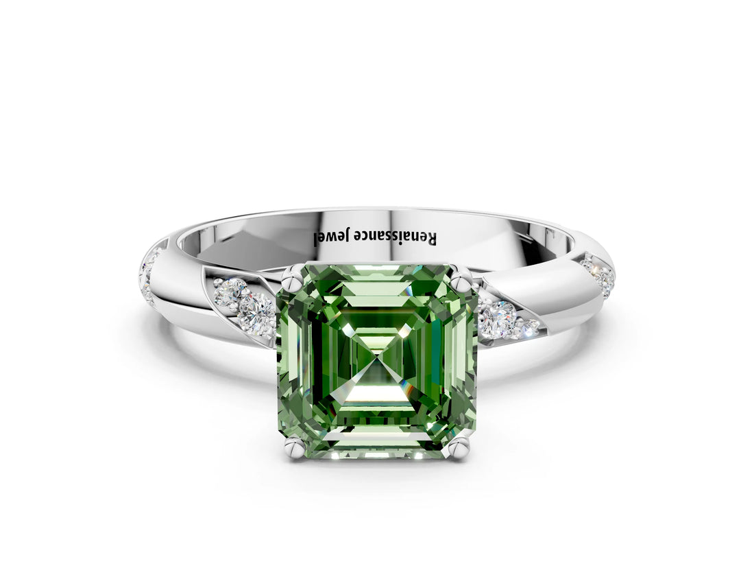 White gold Fancy Green Asscher Cut Solitaire Diamond Engagement Ring with Twisted Pave Band and Four-Prong Setting_19
