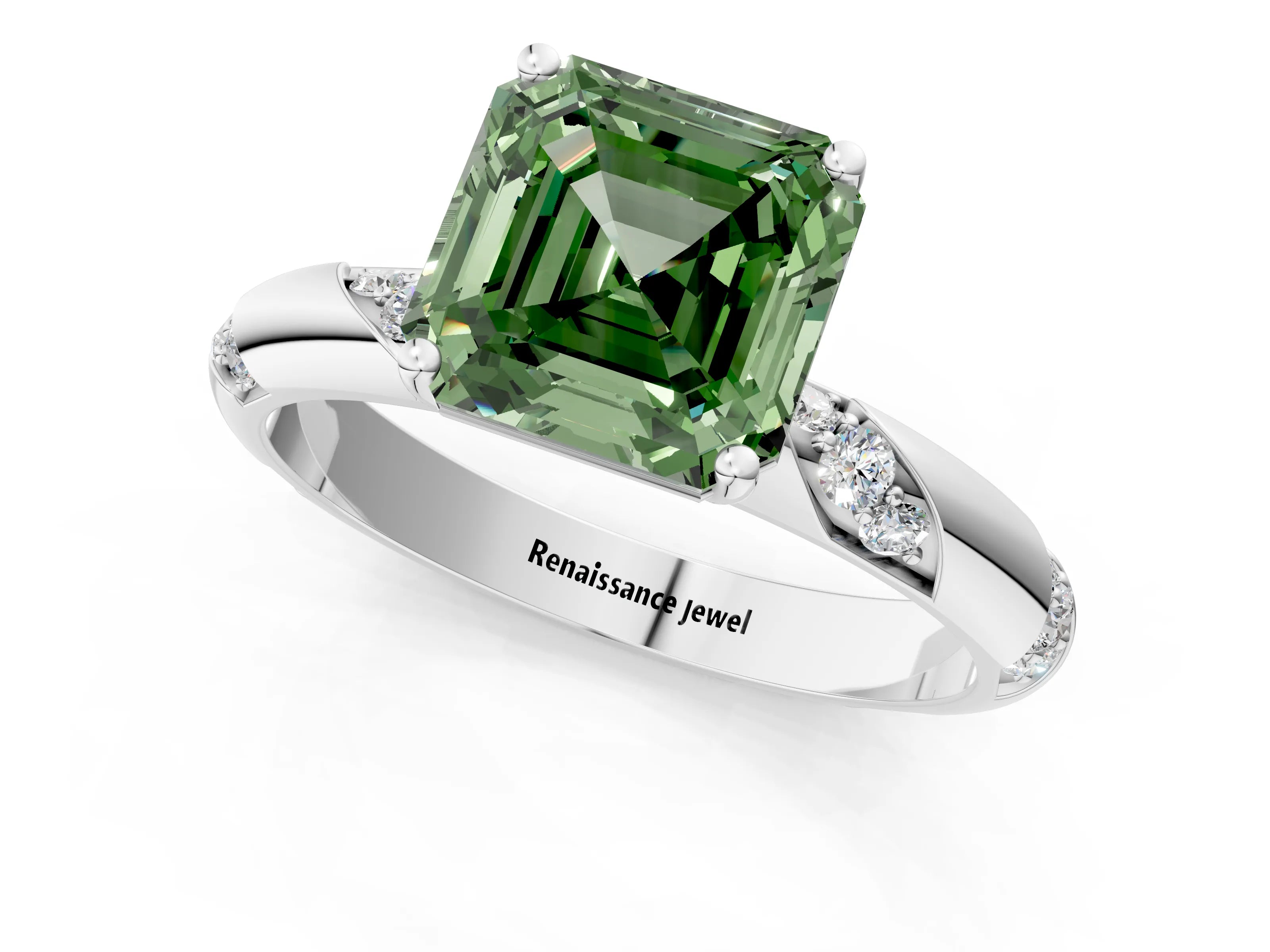 White gold Fancy Green Asscher Cut Solitaire Diamond Engagement Ring with Twisted Pave Band and Four-Prong Setting_20